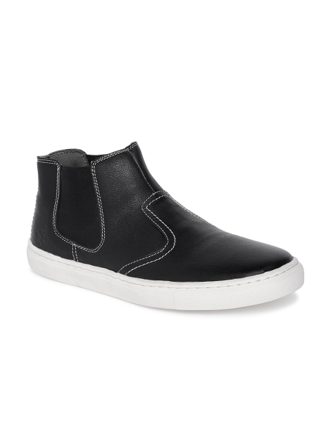 

LEO CLAWS Men Black Solid Leather Mid-Top Flat Boots