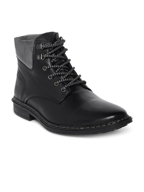 

LEO CLAWS Men Black Solid Leather Mid-Top Flat Boots