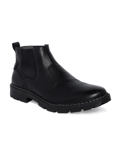 

LEO CLAWS Men Black Solid Leather Mid-Top Flat Boots