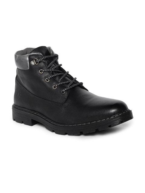 

LEO CLAWS Men Black Solid Leather Mid-Top Flat Boots