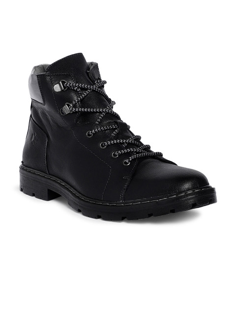 

LEO CLAWS Men Black Solid Leather Mid-Top Flat Boots