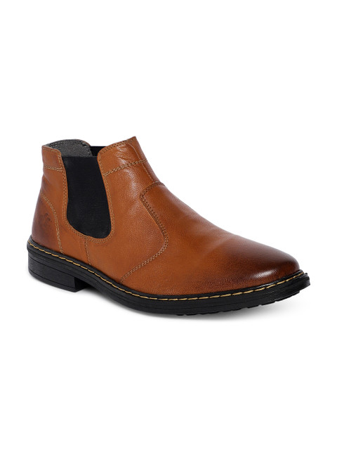 

LEO CLAWS Men Tan Brown Solid Leather Mid-Top Flat Boots