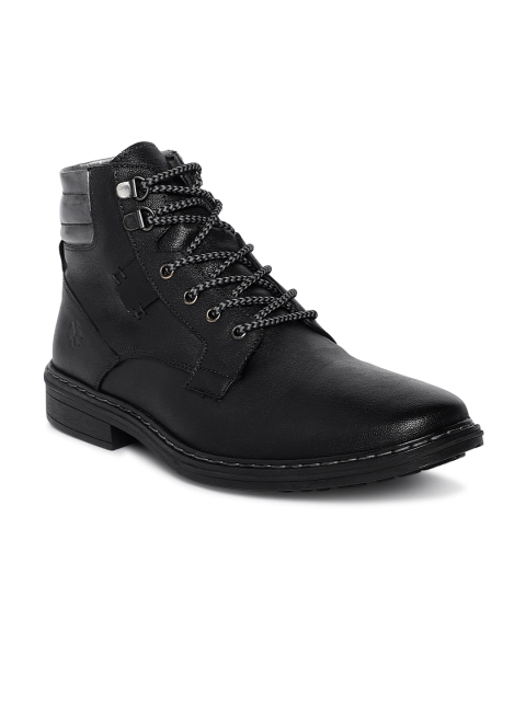 

LEO CLAWS Men Black Solid Leather Mid-Top Flat Boots