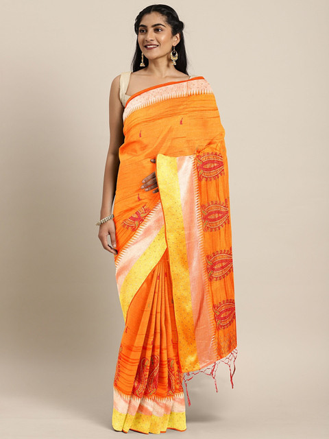 

The Chennai Silks Classicate Orange Silk Blend Embroidered Banarasi Saree