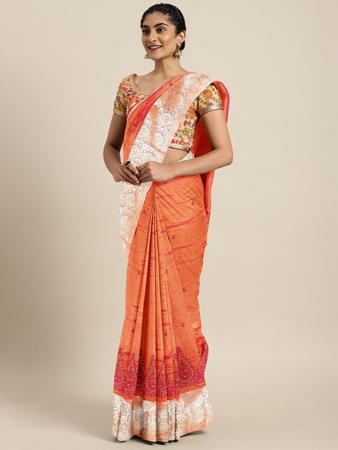

The Chennai Silks Rust Orange Silk Blend Embroidered Banarasi Saree