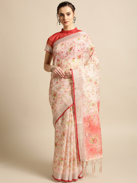 

Saree mall Cream-Coloured & Red Printed Saree