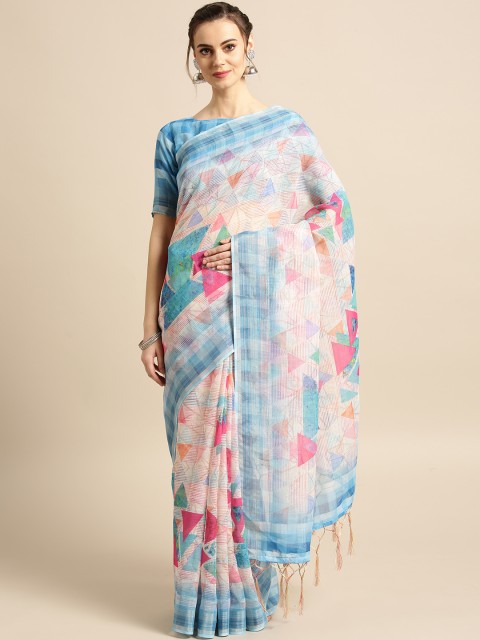 

Saree mall Cream-Coloured & Blue Printed Saree
