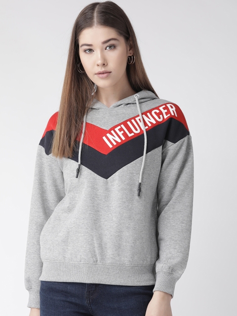 

Madame Women Grey Melange & Red Solid Hooded Sweatshirt