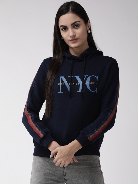 

Madame Women Navy Blue Printed Detail Hooded Sweatshirt