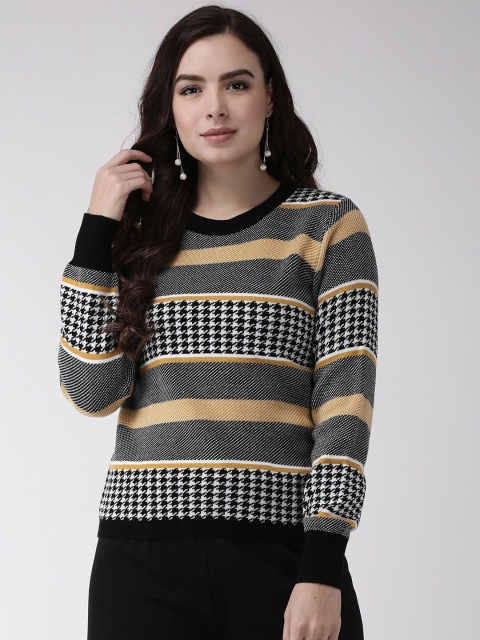 

Madame Women Black & Mustard Yellow Self-Striped Pullover