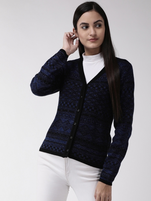 

Madame Women Navy Blue & Black Self Design Cardigan