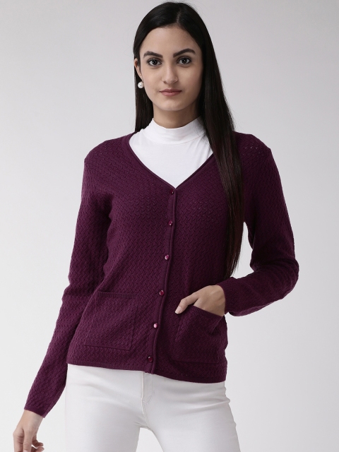 

Madame Women Burgundy Self Design Cardigan