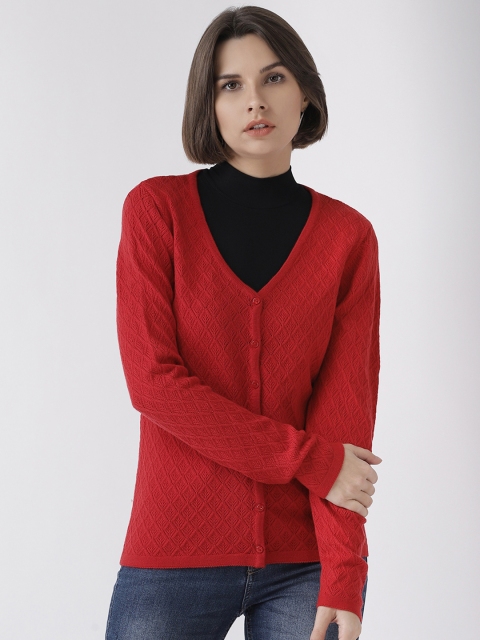 

Madame Women Red Self Design Cardigan