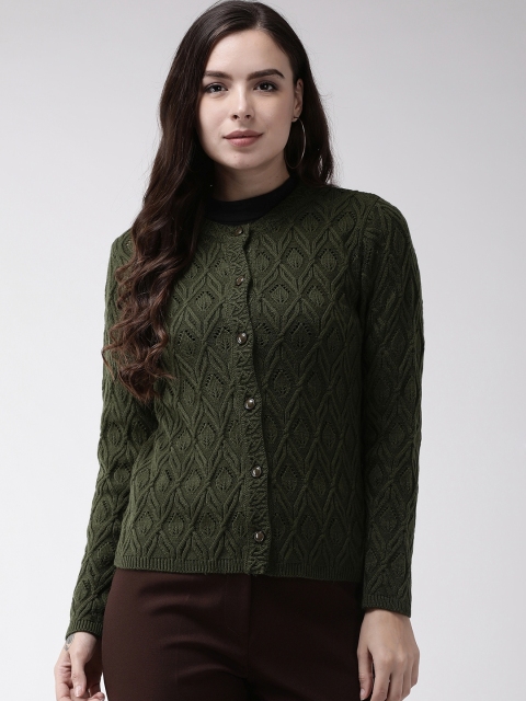 

Madame Women Olive Green Self Design Cardigan