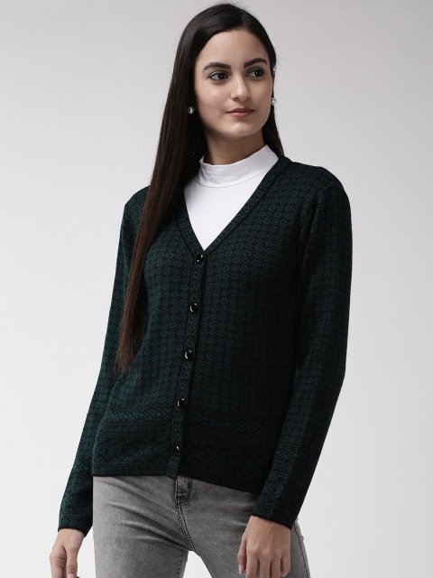 

Madame Women Teal Green & Black Self Design Cardigan
