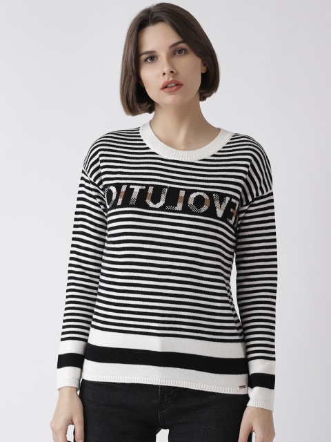 

Madame Women Black & White Striped Pullover