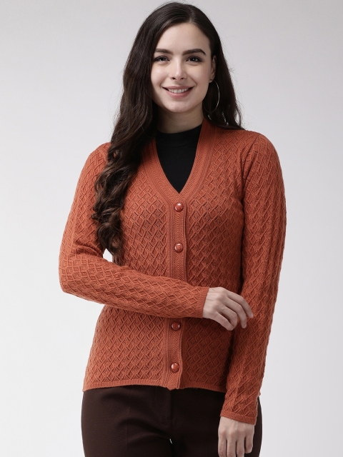 

Madame Women Rust Orange Self Design Cardigan