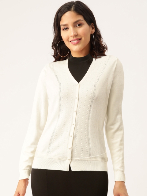 

Madame Women Off-White Self Design Cardigan Sweater