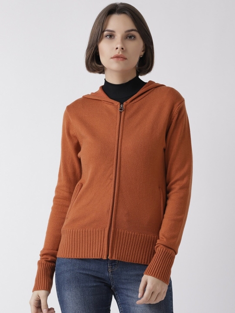 

Madame Women Rust Brown Solid Hooded Cardigan