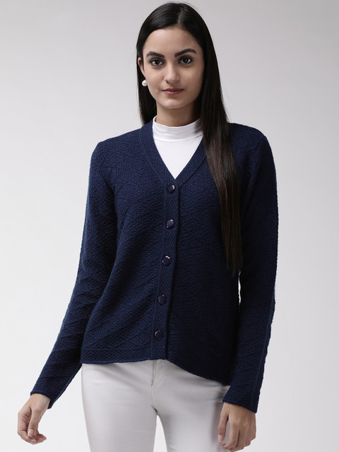 

Madame Women Navy Blue Self Design Cardigan