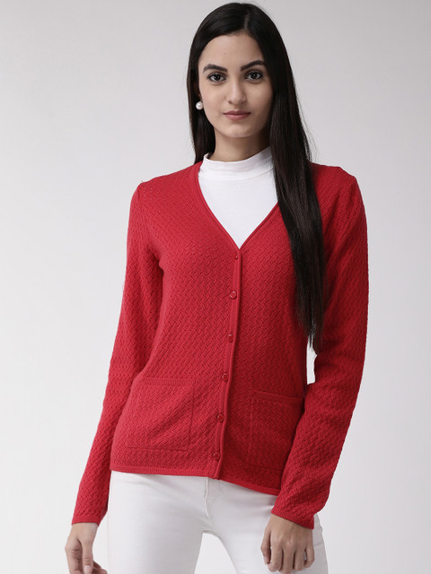 

Madame Women Red Self Design Cardigan