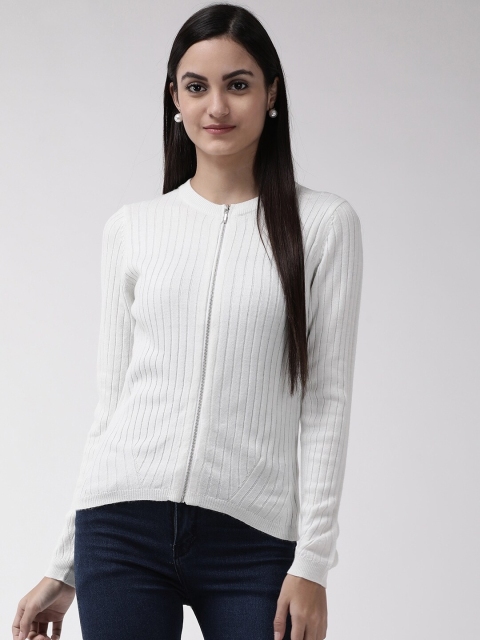 

Madame Women White Ribbed Cardigan