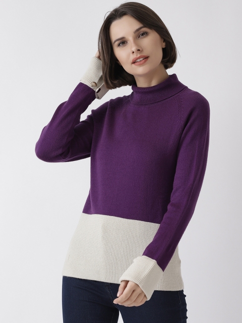 

Madame Women Purple & Beige Colourblocked Pullover