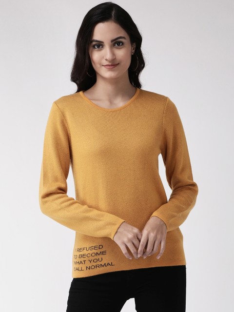 

Madame Women Mustard Yellow Solid Pullover with Typography Print Detail