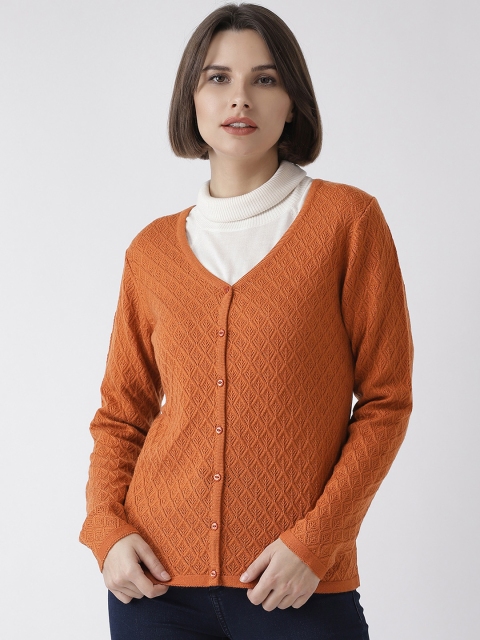 

Madame Women Rust Orange Self Design Cardigan