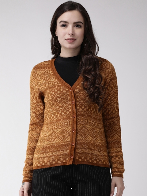 

Madame Women Mustard Brown Self Design Cardigan