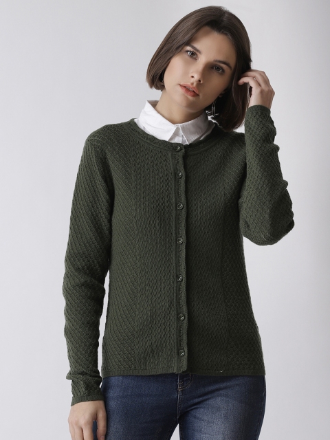 

Madame Women Olive Green Self Design Cardigan Sweater