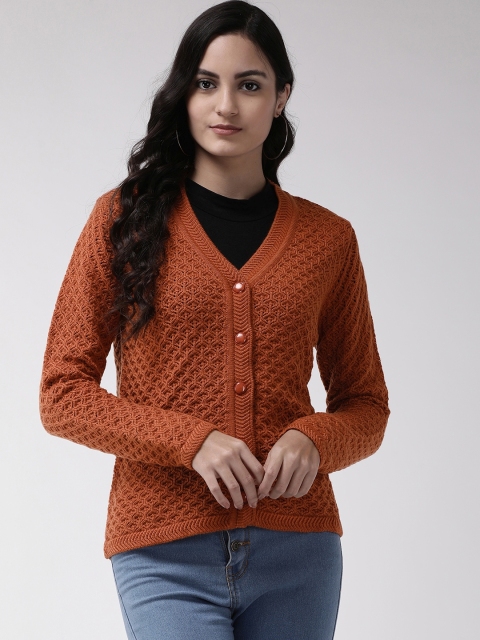 

Madame Women Rust Orange Self Design Cardigan