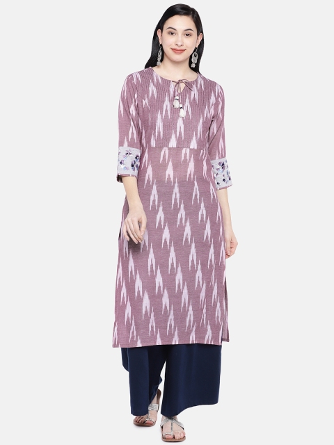 

Silai Bunai Women Mauve & White Ikat Printed Handloom Straight Kurta