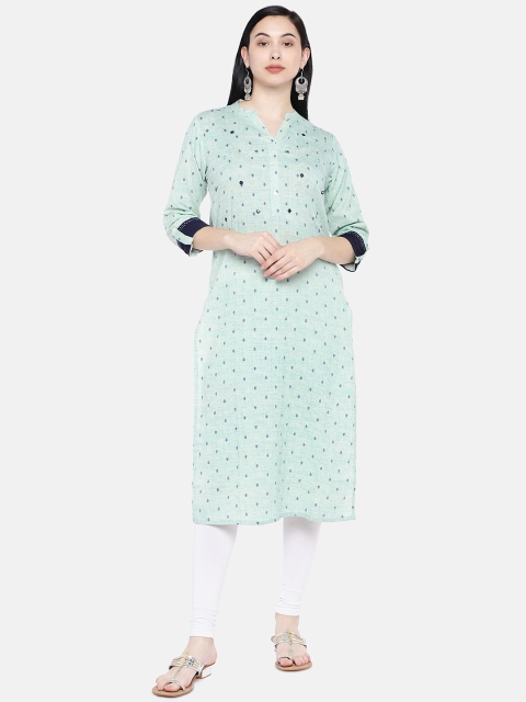 

Silai Bunai Women Teal Blue Printed Straight Kurta