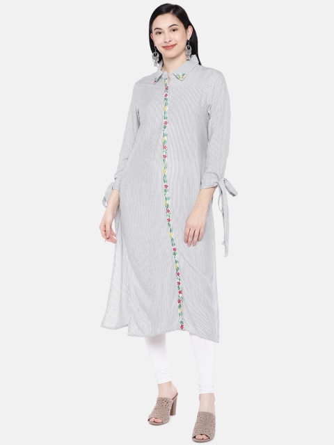 

Silai Bunai Women White & Grey Striped Straight Kurta