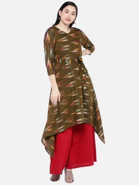 

Silai Bunai Women Brown Ikat Printed A-Line Handloom Kurta, Beige