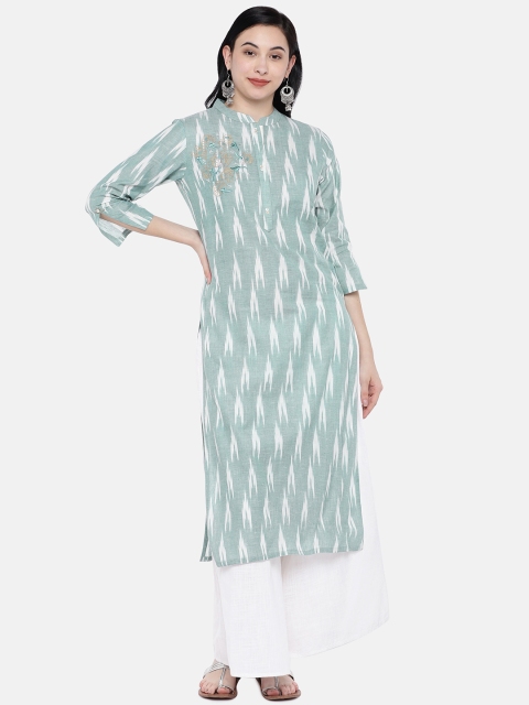 

Silai Bunai Women Teal Blue & White Ikat Printed Straight Kurta