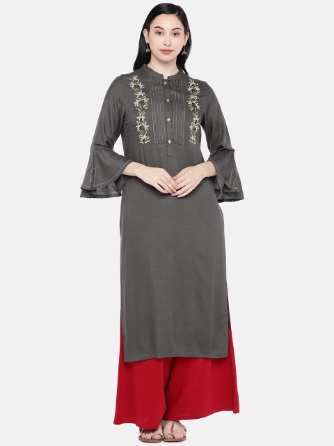 

Silai Bunai Women Grey Yoke Design Straight Kurta
