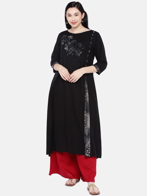 

Silai Bunai Women Black Solid Straight Kurta