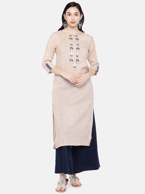 

Silai Bunai Women Beige Embroidered Straight Kurta