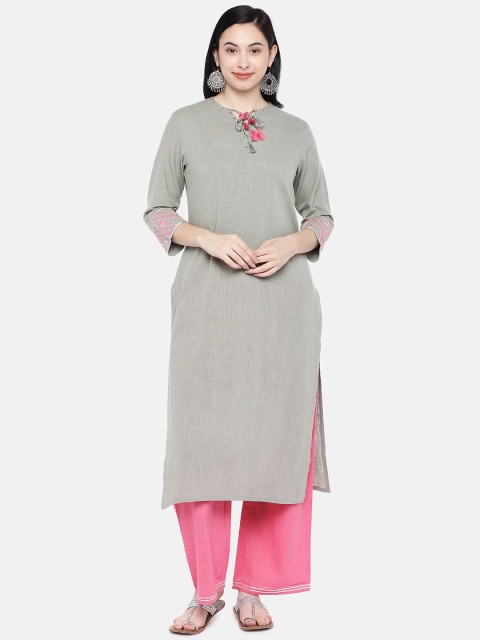 

Silai Bunai Women Grey & Pink Solid Kurta with Palazzos