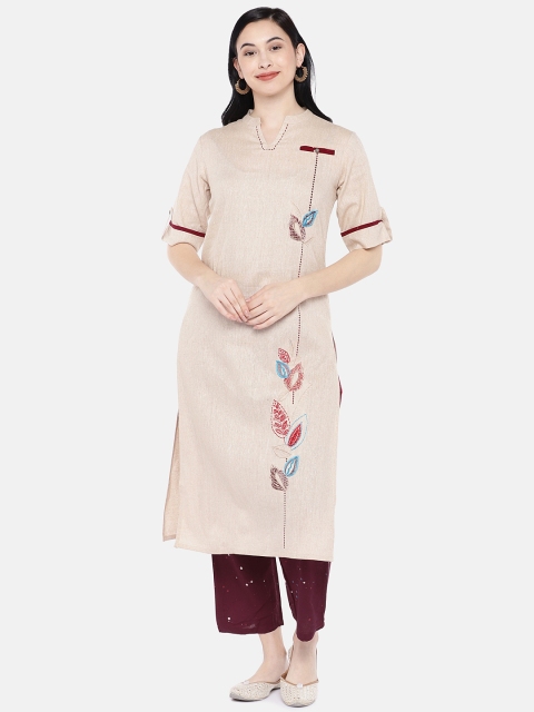 

Silai Bunai Women Beige & Maroon Embroidered Kurta with Palazzos