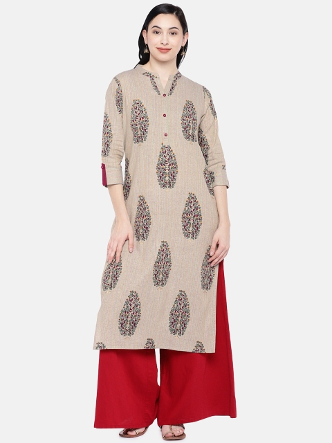 

Silai Bunai Women Beige & Green Printed Straight Kurta