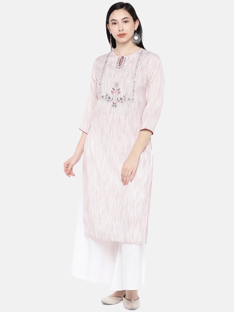 

Silai Bunai Women Pink & White Embroidered Straight Kurta
