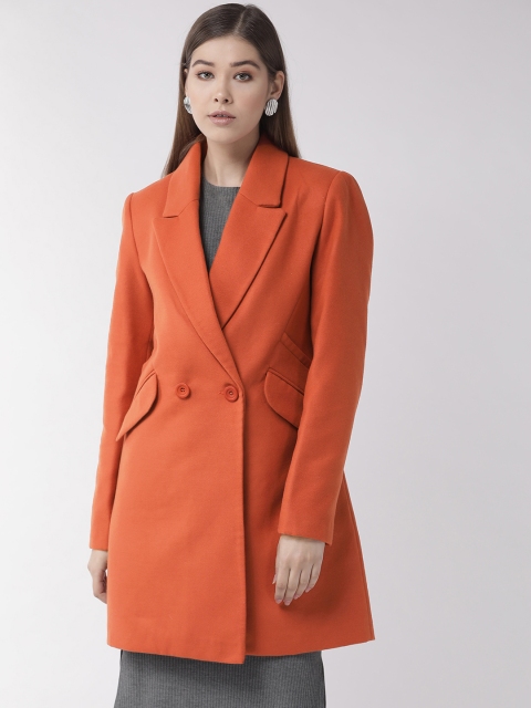 

Madame Women Rust Orange Solid Double-Breasted Trench Coat
