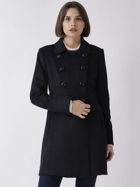 

Madame Women Navy Blue Solid Double-breasted Trench Coat