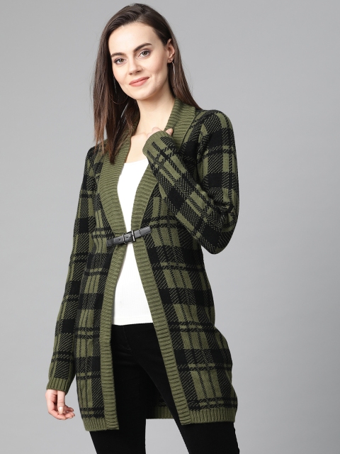 

Madame Women Olive Green & Black Checked Cardigan