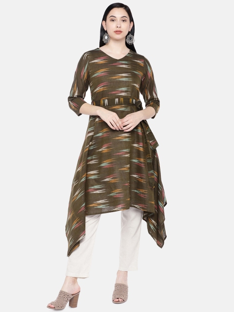 

Silai Bunai Women Green & Off-White Ikat Printed Kurta with Trousers