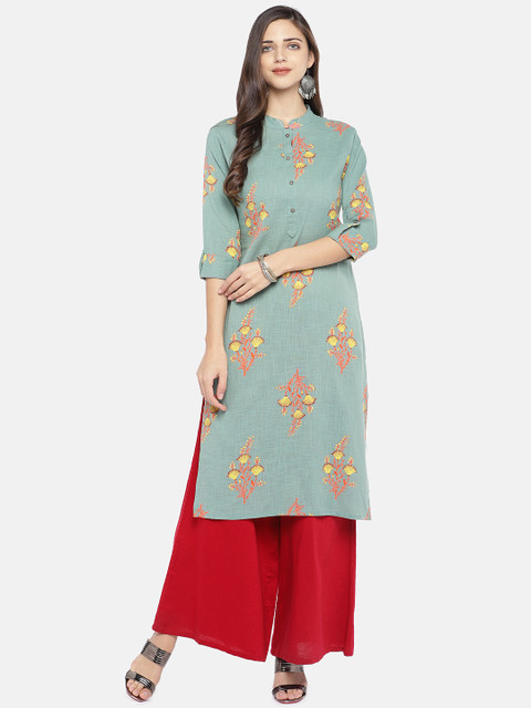 

Silai Bunai Women Green & Grey Solid Straight Kurta