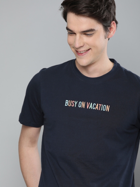 

Mast & Harbour Men Navy Blue Solid Round Neck T-shirt With Embroidered Detail